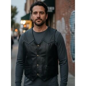 Leather King Vest Mens 46 2XL Brown Leather Motorcycle Biker Western Cowboy Snap